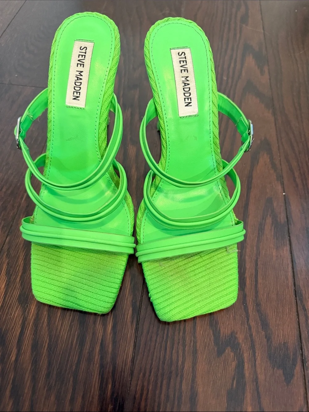 Steve Madden Neon Green Strappy Square-Toe Heeled Sandals